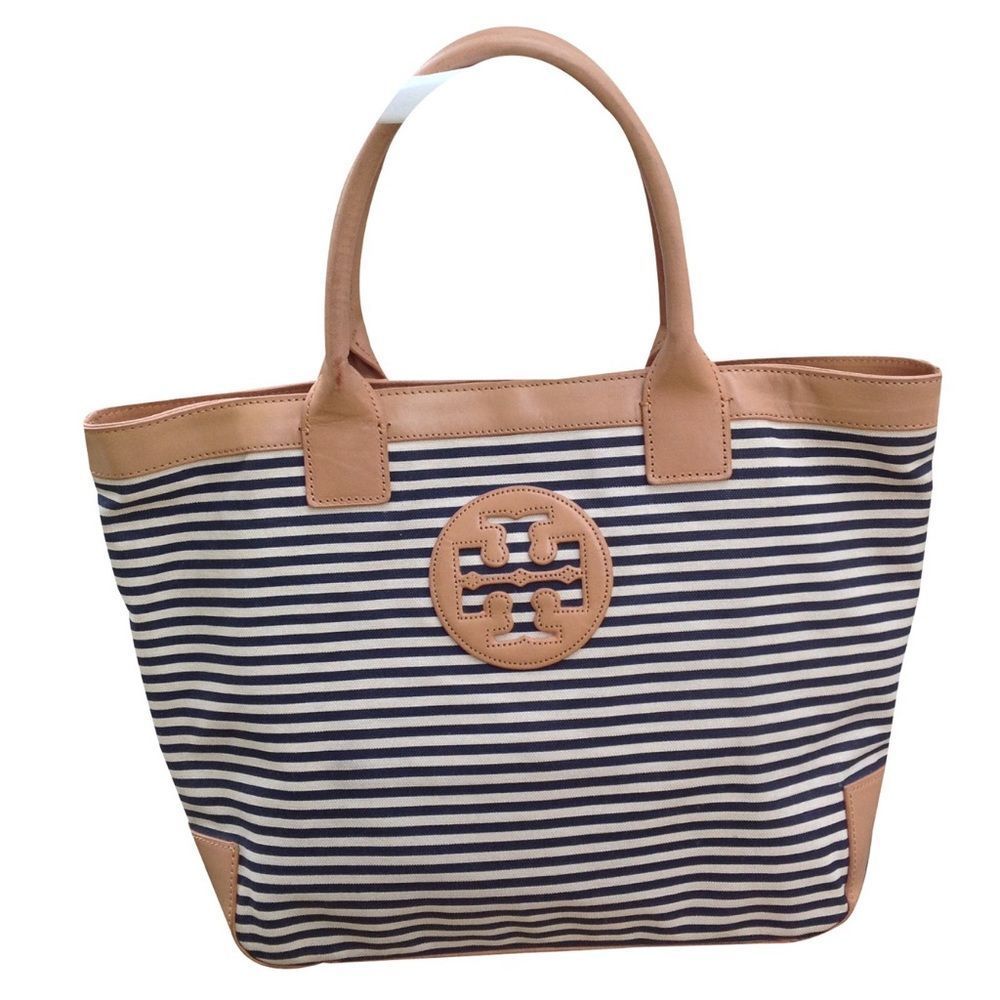 Tory Burch Blue and White Stripe Canvas Tote Bag